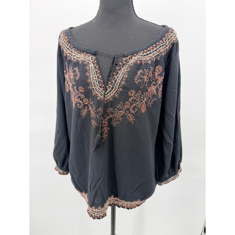 Lucky Brand Blouse Womens Large Black Good Embroidered Tassel Peasant Top
